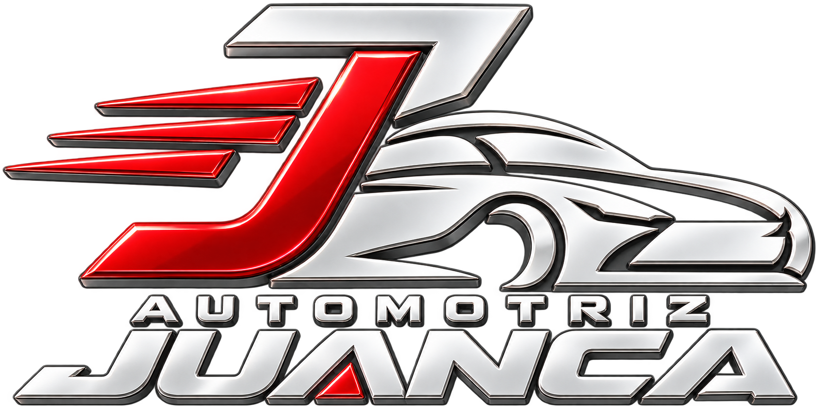 Automotriz Juanca — logo 3D blanco y plata con J roja