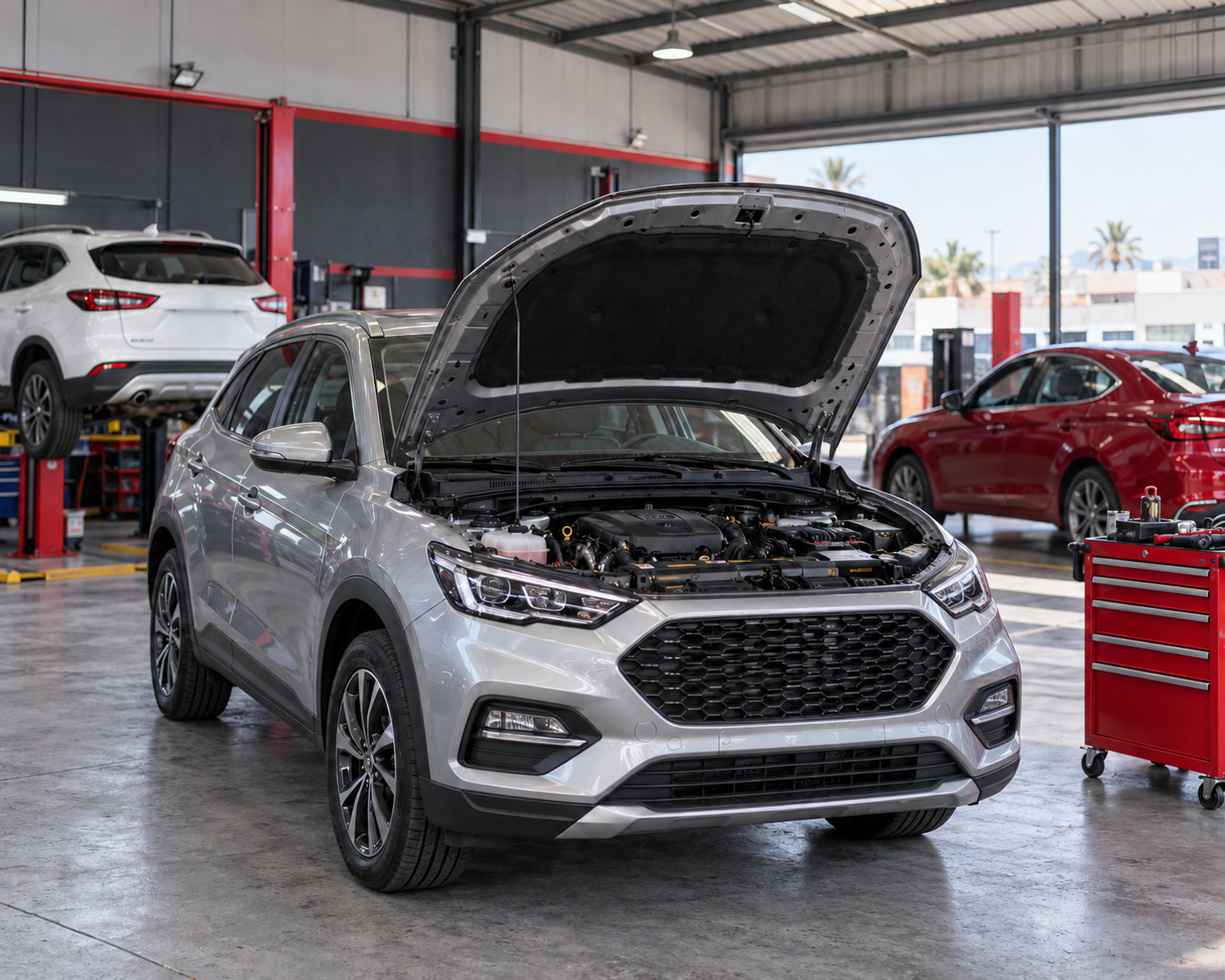 Vehículo con el capó abierto en un taller automotriz